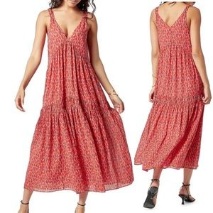 Joie Sun Dress Midi/Maxi Tea Rose V-Neck Tiered Ruffle Cotton cottage dress L